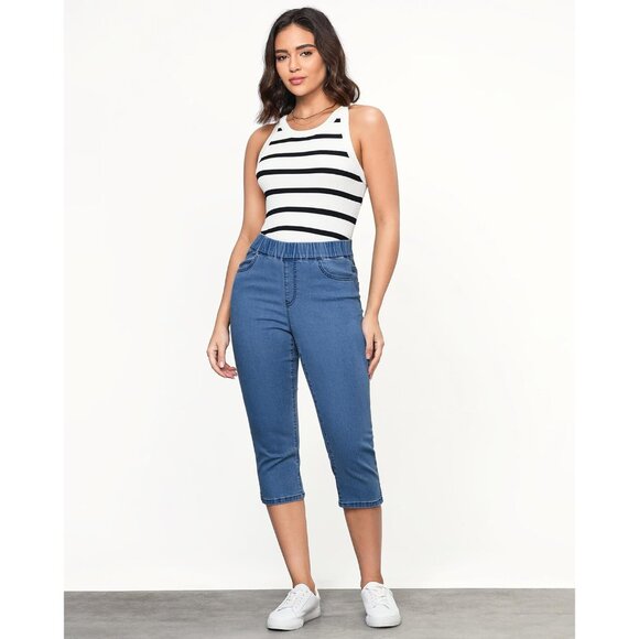 High Waisted Stretchy Denim Capris for Women Size Large Slim Fit Casual - Picture 2 of 7